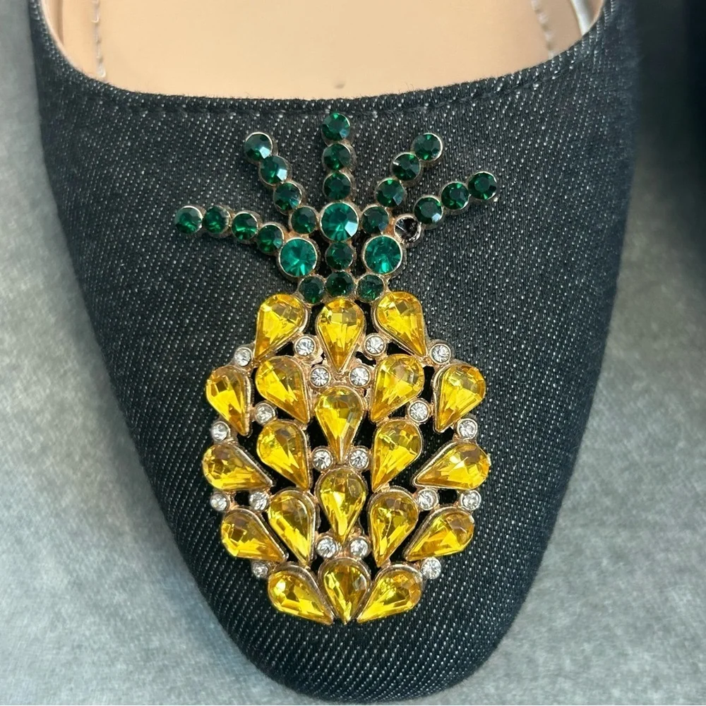 Zara Crystal rhinestone pineapple black denim round toe block heel shoes 39